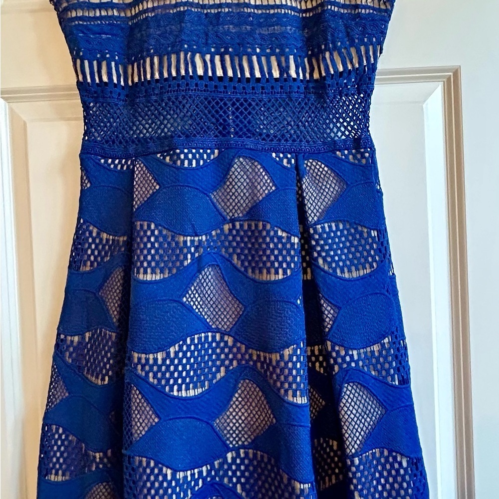 Zoe & Sam Royal Blue Battenberg Style Cut Out Lace Midi Statement Dress Size L - Picture 4 of 12